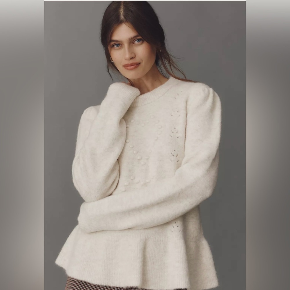 Anthropologie Ivory Puff-Sleeve Pom-Pearl Crew Sweater